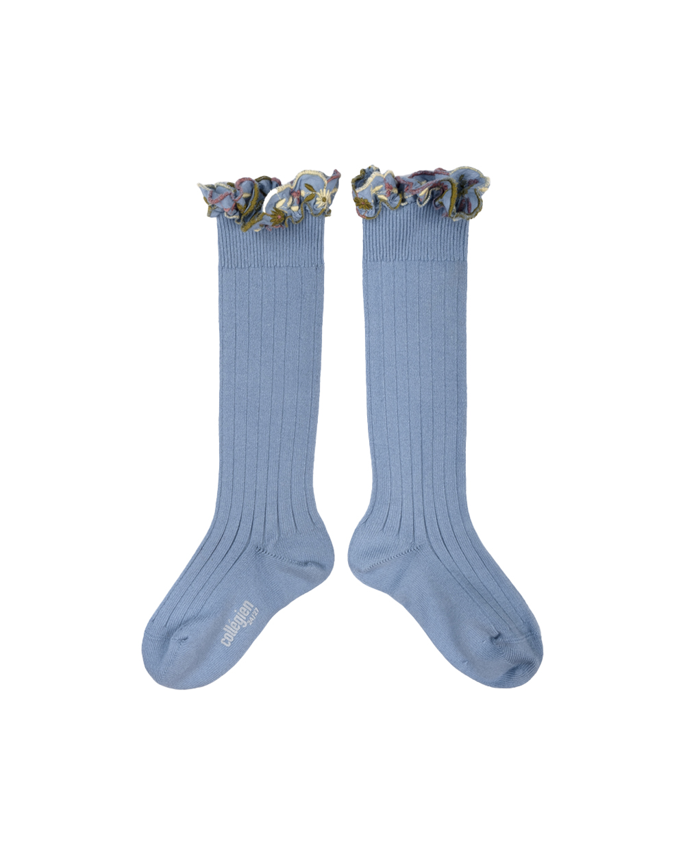 [Collégien] Eglantine - Embroidered Ruffle Ribbed Knee-high Socks - Bleu Azur