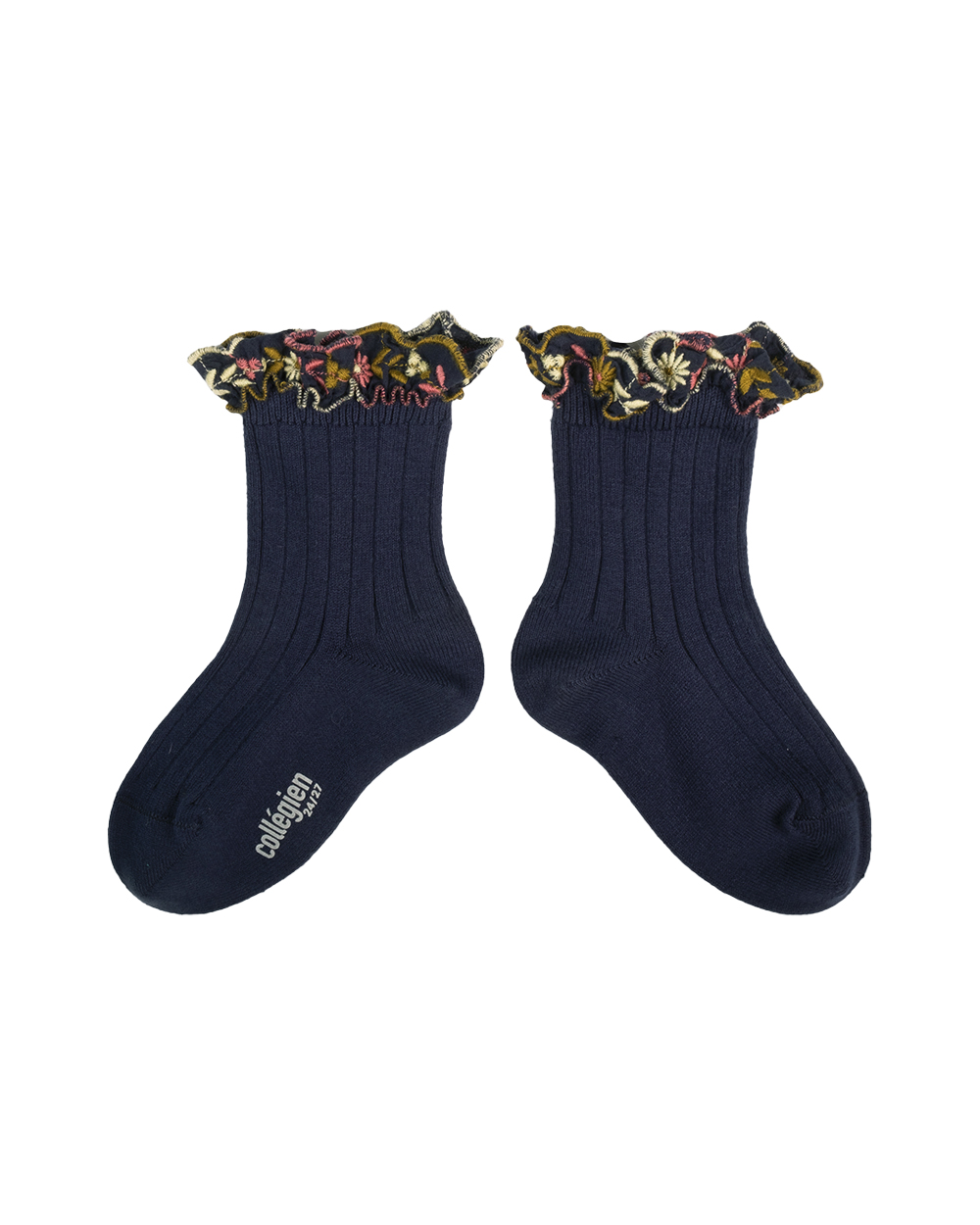 [Collégien] Anémone - Embroidered Ruffle Ribbed Ankle Socks - Nuit Etoilée[24/27]