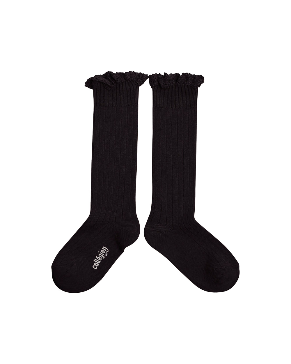 [Collégien] Joséphine - Lace-Trim Ribbed Knee-high Socks - Noir de Charbon