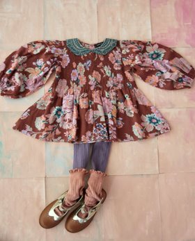 [BONJOUR] Blouse with embroidery collar /Big brown flower print