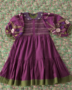 [BONJOUR] Folk long dress with embroidery sleeve &amp; collar /Purple Organic voile