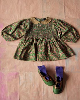 [BONJOUR] Tunique blouse with embroidery collar /Small pink flowers print