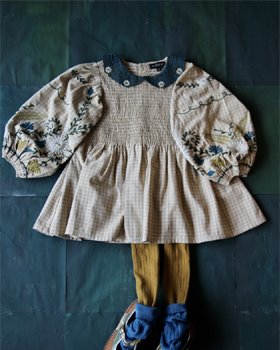 [BONJOUR] Tunique blouse with embroidery balloon sleeve/collar  /Small beige check
