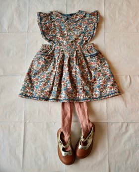 [BONJOUR] Apron dress with lace /Small Blue flowers print [4Y]