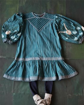 [BONJOUR] Folk dress with braid top &amp; embroidery /Ikat blue [6Y]
