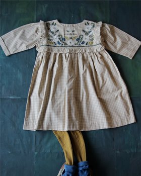 [BONJOUR] Rosalie dress with flounce &amp;  embroidery /Small beige check
