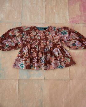 [BONJOUR] Handsmock blouse /Big brown flower print [4Y, 6Y, 8Y]
