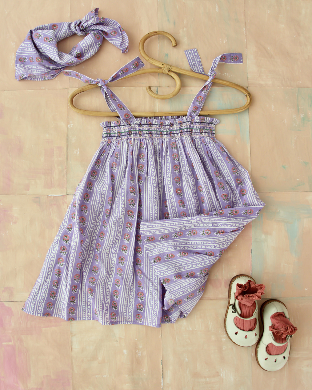 [BONJOUR]Skirft dress with 50*50 Scarf /Purple hand block flower stripe print [6Y]