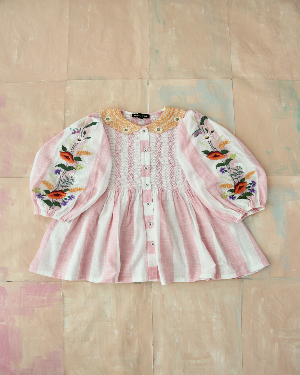 [BONJOUR]Tunique Blouse with embrloidery collar &amp;sleeve/pink [6Y]