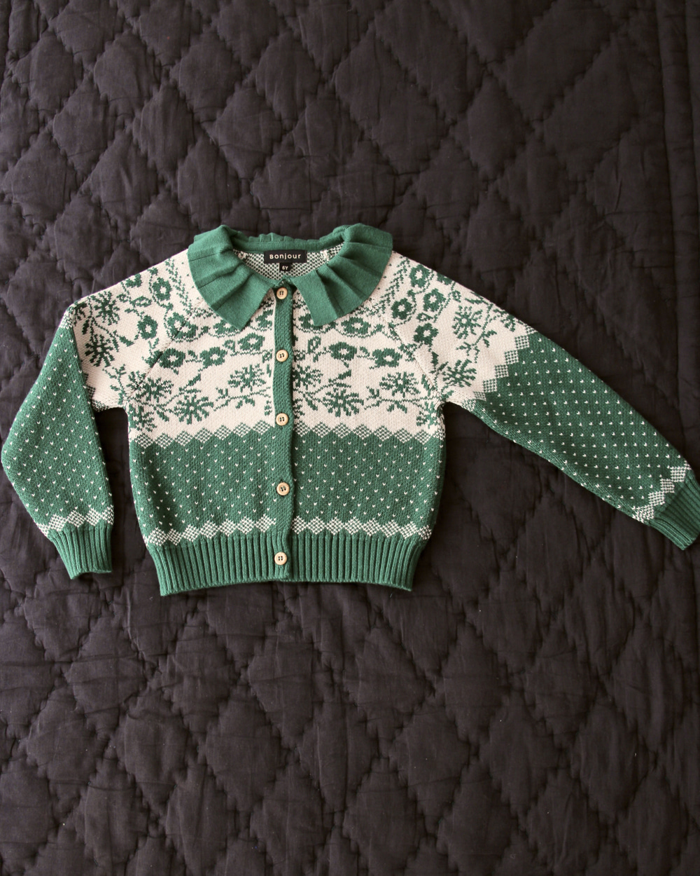[ BONJOUR] Knitted green flower cardigan/green [4Y]