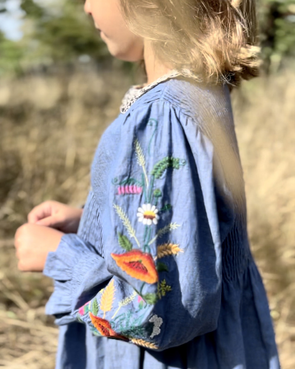 [ BONJOUR]DRESS WITH EMBROIDERY COLLAR &amp; SLEEVE /Chambray [6Y]